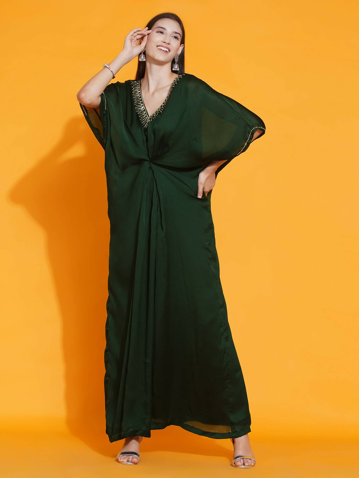 Women Republic Green Georgette Hand Embellished Kaftan Style Gown - Distacart