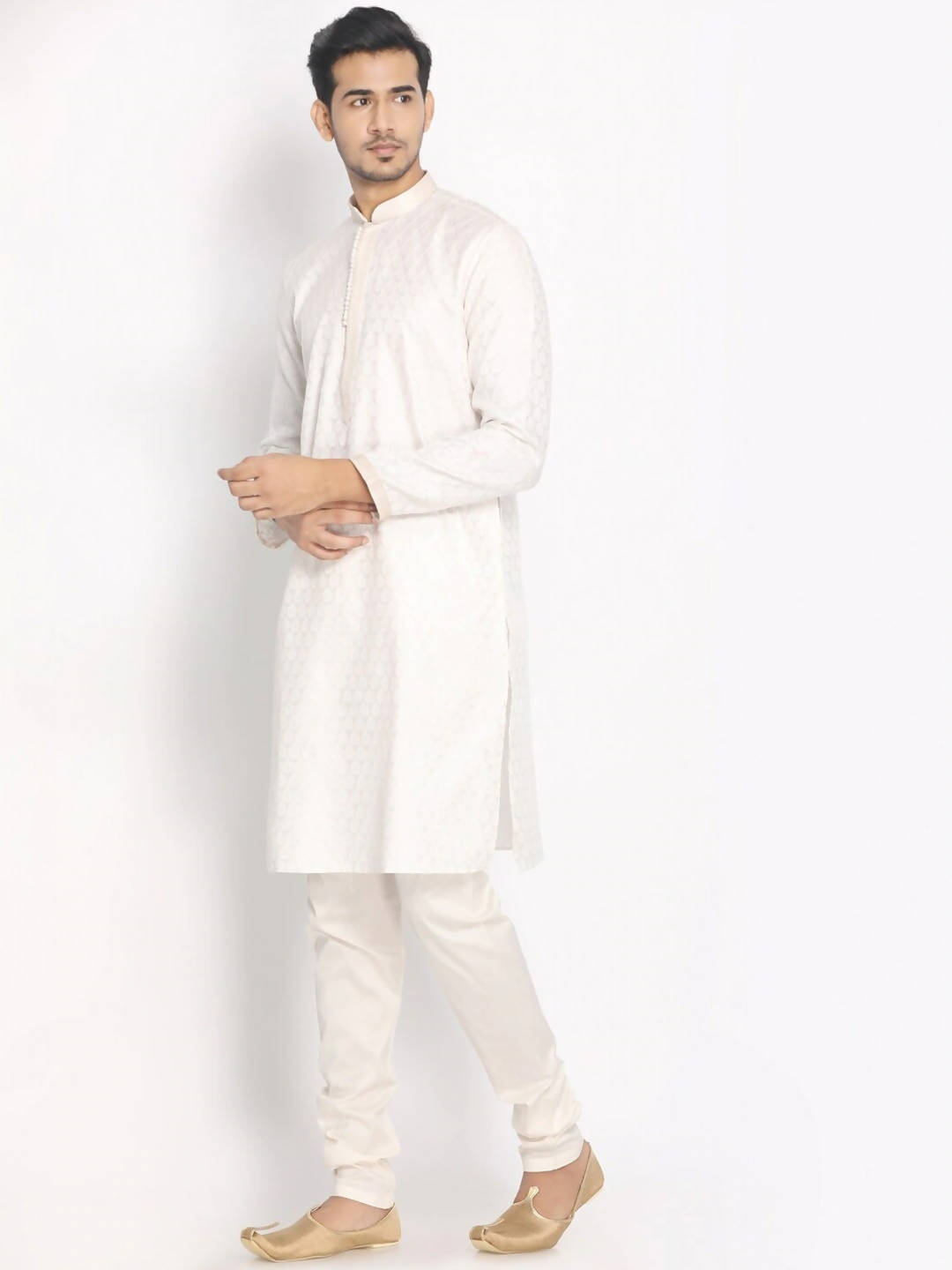 Manyavar Men White Woven Design Kurta with Pyjamas - Distacart