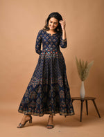 Thumbnail for Kaajh Women's Blue Gold Print Anarkali kurta - Distacart