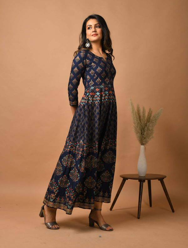 Kaajh Women's Blue Gold Print Anarkali kurta - Distacart