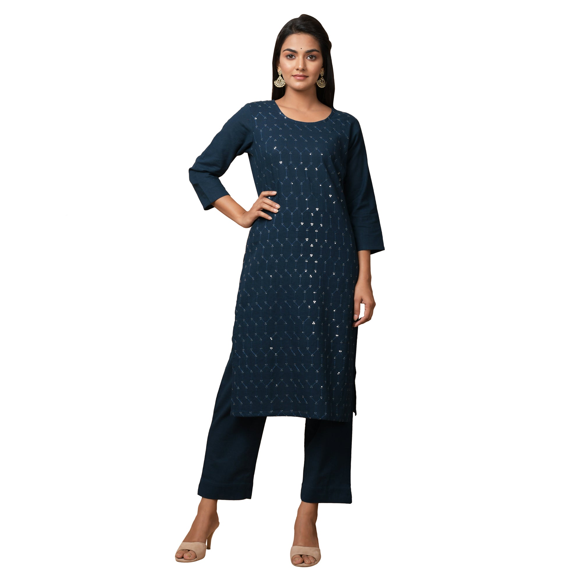 Kaajh Women's Blue Solid Sequin Embellishment Kurta - Distacart