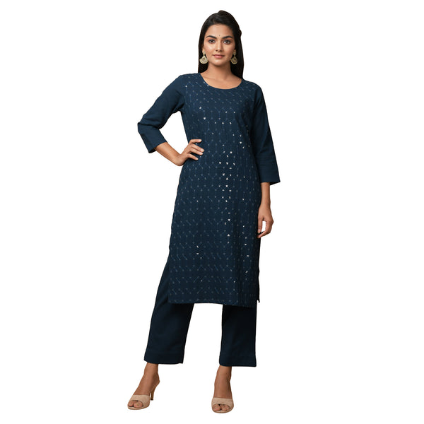 Kaajh Women's Blue Solid Sequin Embellishment Kurta - Distacart