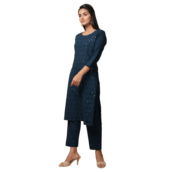 Kaajh Women's Blue Solid Sequin Embellishment Kurta - Distacart