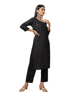 Thumbnail for Kaajh Women's Black Solid Mirror Embellishment Kurta - Distacart
