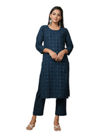 Thumbnail for Kaajh Women's Blue Solid Mirror Embellishment Kurta - Distacart