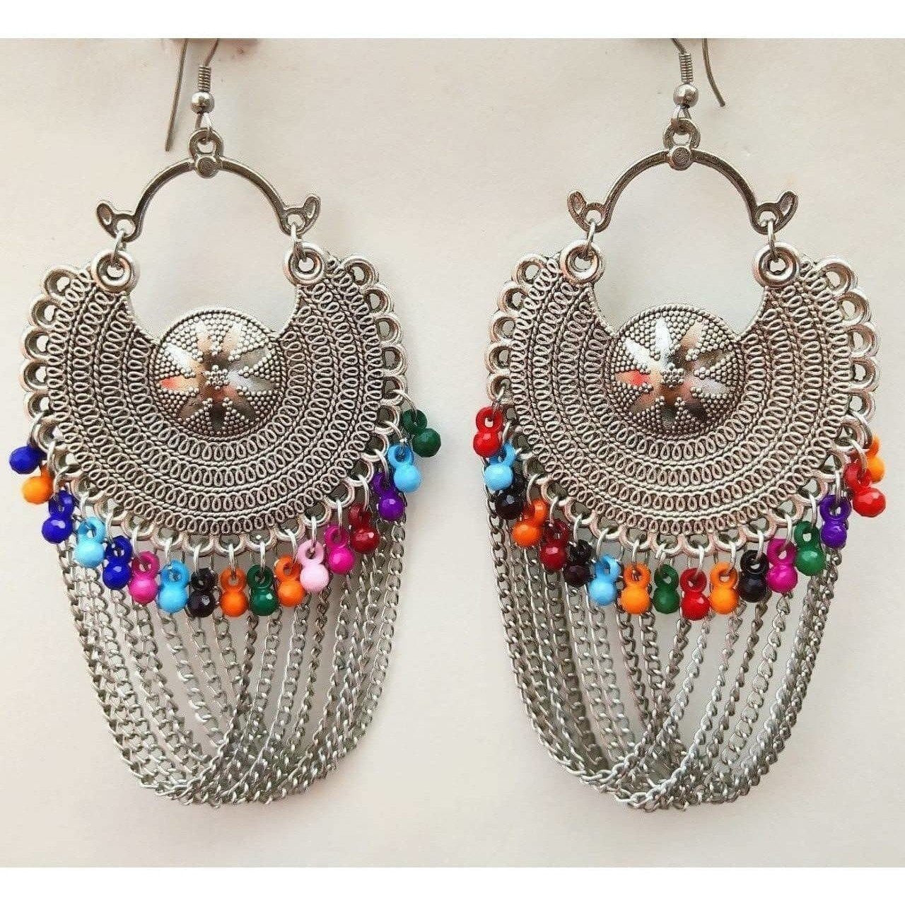 Latest Fashion Half Moon Earrings With Chains And Multi Color Pearls