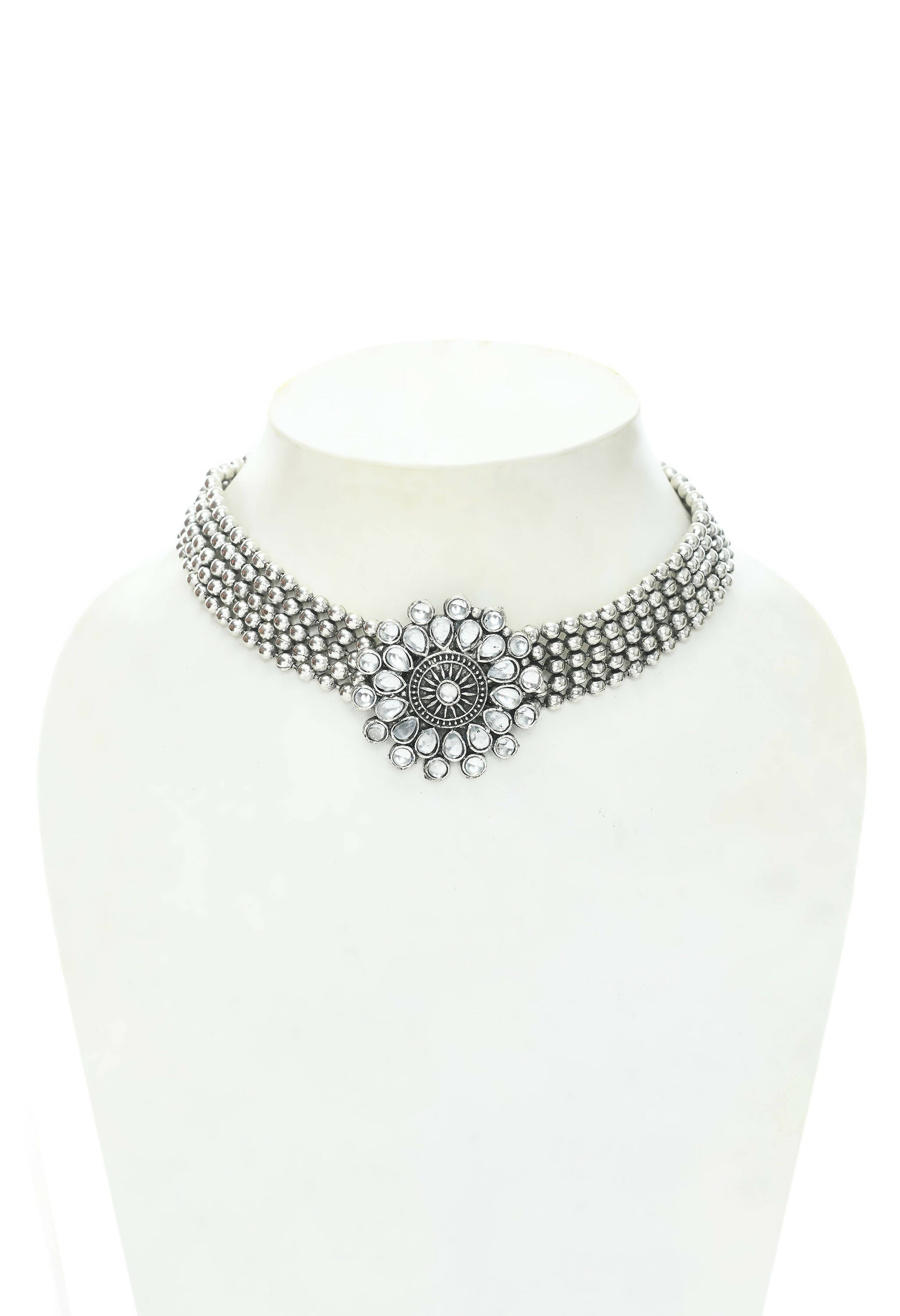 Mominos Fashion Johar Kamal Oxidised Silver-Plated Brass Finish Kundan Choker For Women (Silver) - Distacart