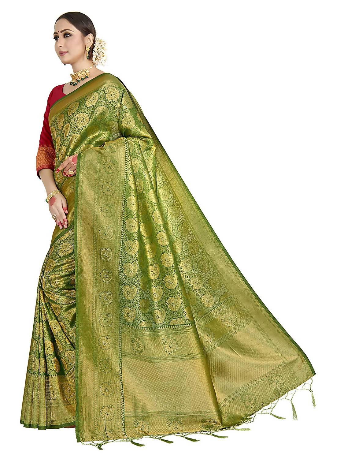 Vardha Women's Olive Green Kanchipuram Raw Silk Saree With Unstitched Blouse Piece
