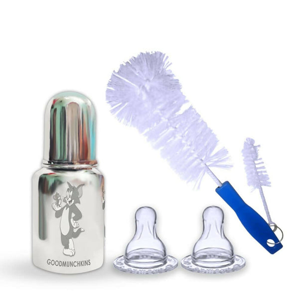 Goodmunchkins Stainless Steel Feeding Bottle with Anti Colic Silicone Nipple/Bottle Cleaning Nylon Brush (150ml, Blue) - Distacart
