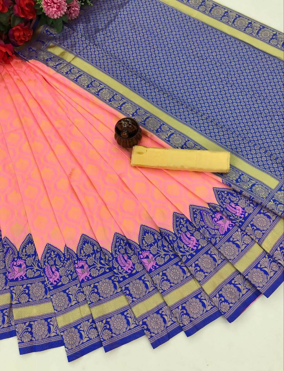 DEIANA'S Beautiful Golden Jari with New Design Soft Lichi Silk Saree - Peach - Distacart