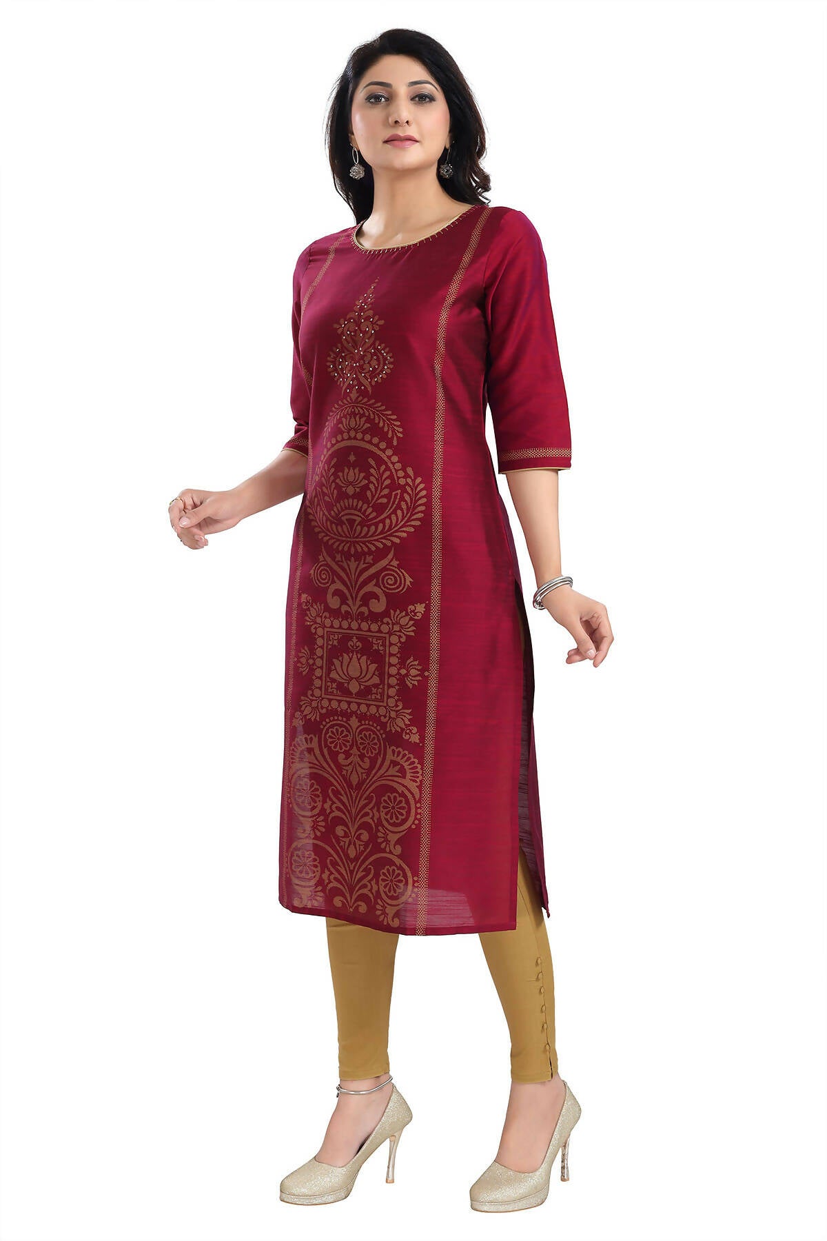 Snehal Creations Majenta Raw Silk Block Print Long Kurta For Women - Distacart