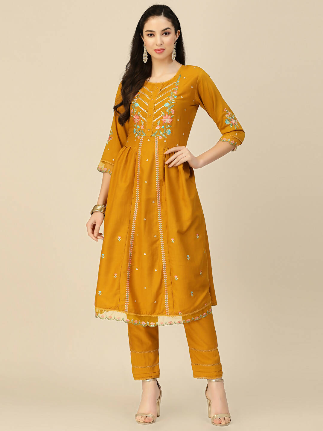 Mustard Embroidered Chinon Straight Kurta With Trouser & Dupatta - Salimar - Distacart