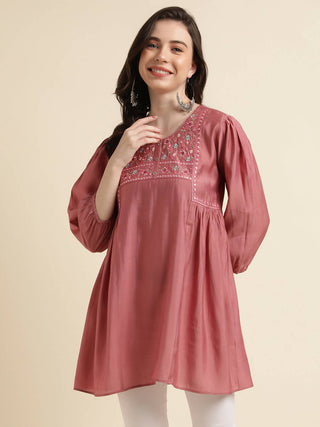 Pink Chinon Yoke Embroidered A-line Top - Tarini - Distacart