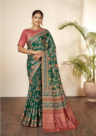 Green Gajji Silk Floral Print with Hand Mirror work Border Saree - Norita Nirvi - Distacart