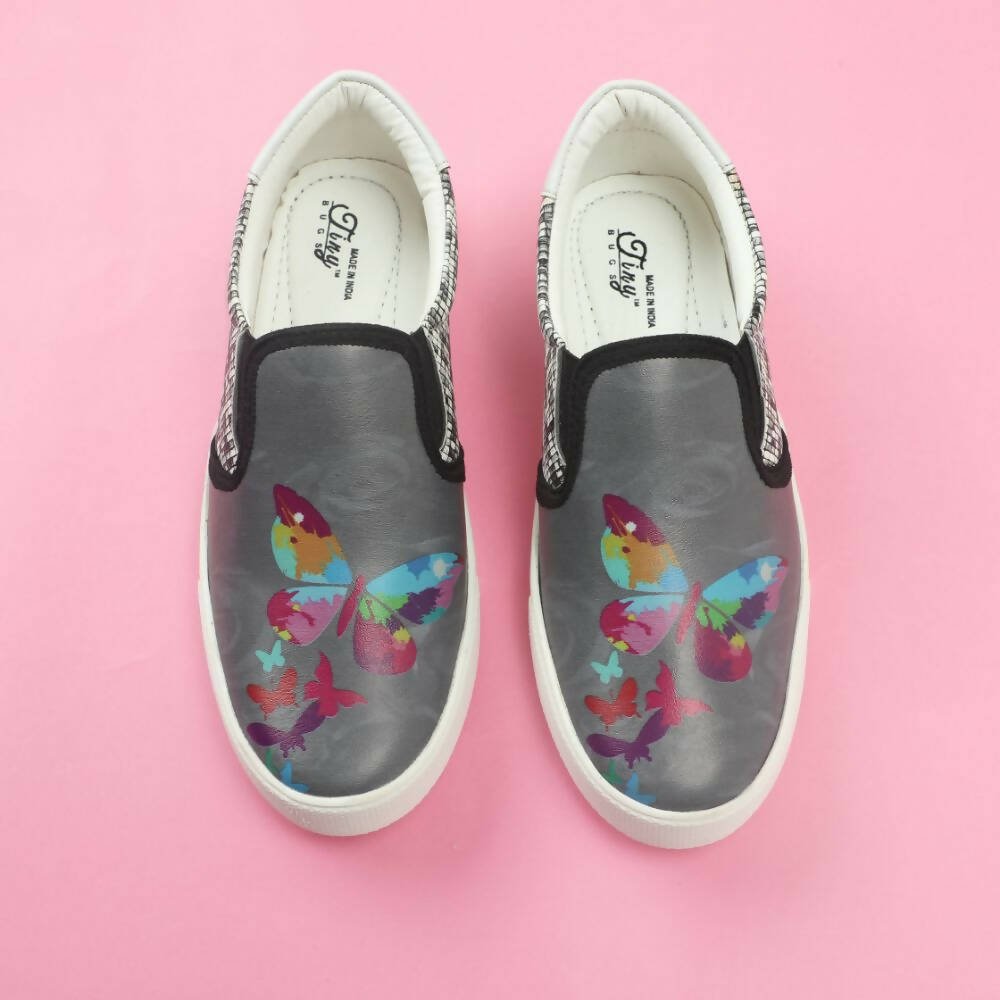 Tiny Bugs Girls Butterfly Print Slip Ons Sneakers - Dark Grey - Distacart