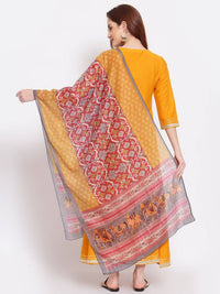 Thumbnail for Myshka Women's Yellow Printed Silk Blend 3/4 Sleeve V Neck Casual Kurta Dupatta Set