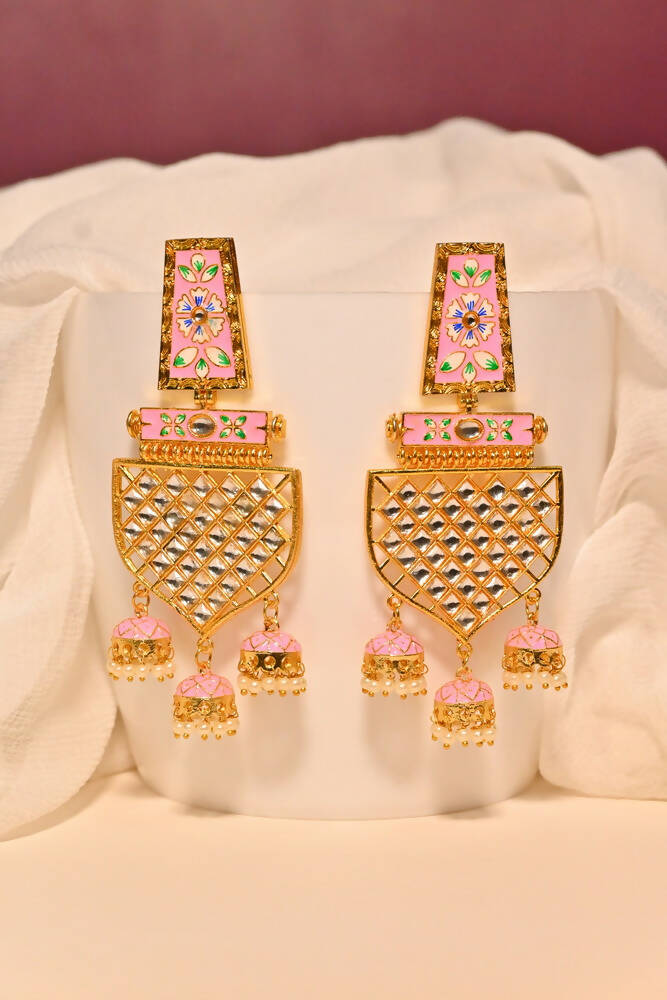 Traditional Gold-Plated Meenakari Pink Jhumka Jhumki Earrings By House of Ree - Distacart