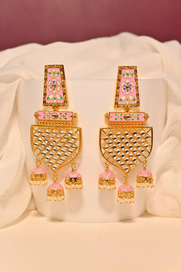 Traditional Gold-Plated Meenakari Pink Jhumka Jhumki Earrings By House of Ree - Distacart