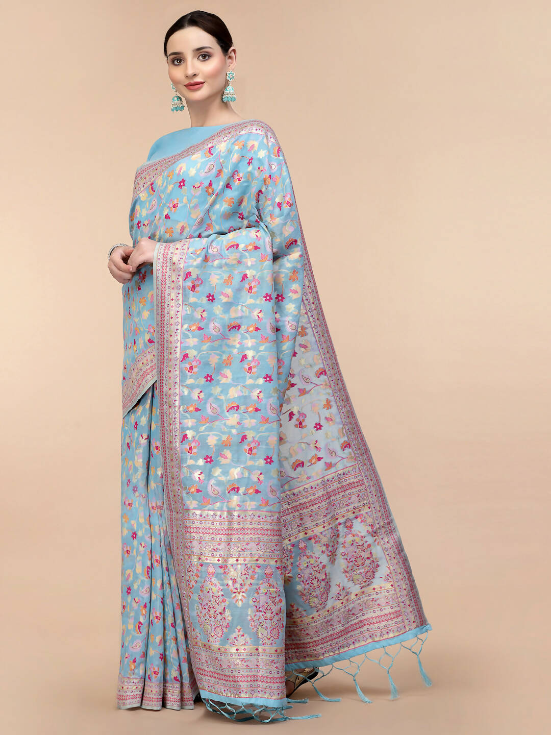 Blue Silk Blend Woven Design Saree With Unstitched Blouse Piece - Aloki - Distacart