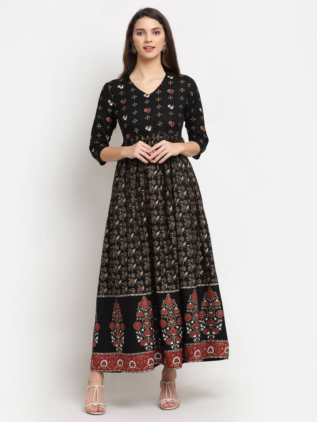 Rudra Bazaar Floral Printed A-Line Flared Black Kurti - Distacart
