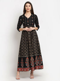 Thumbnail for Rudra Bazaar Floral Printed A-Line Flared Black Kurti - Distacart