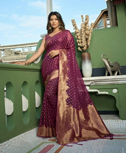 Charming Designer Deep Wine Color Organza Silk Saree With Weaving Work - Yomika Fashions - Distacart