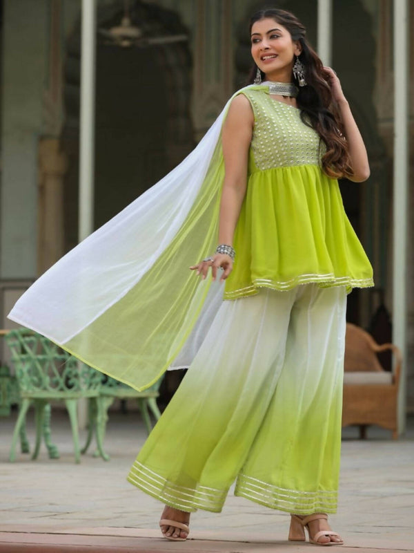 Juniper Women Green Georgette Embroidered Kurta, Palazzo and Dupatta Set - Distacart