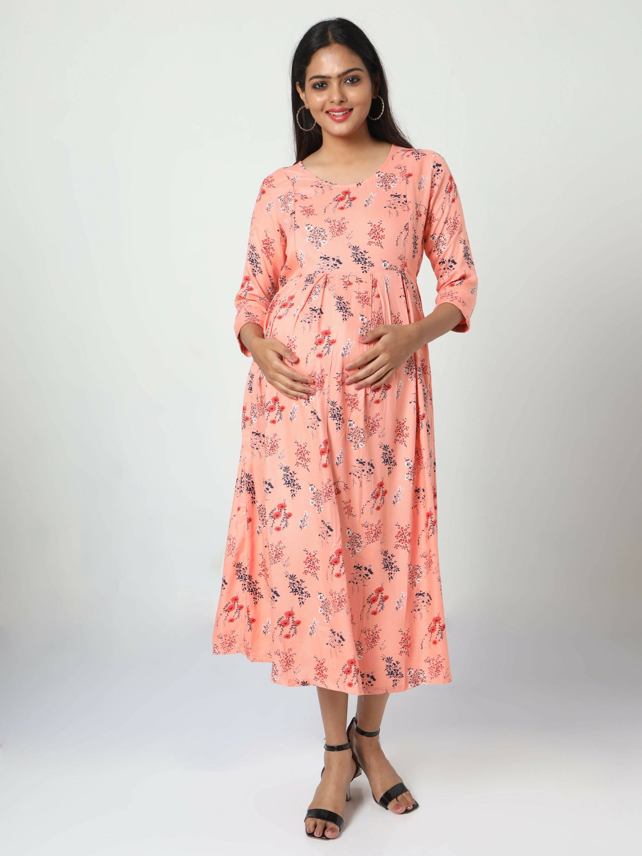 Manet Three Fourth Maternity Dress Floral Print With Concealed Zipper Nursing Access - Orange - Distacart