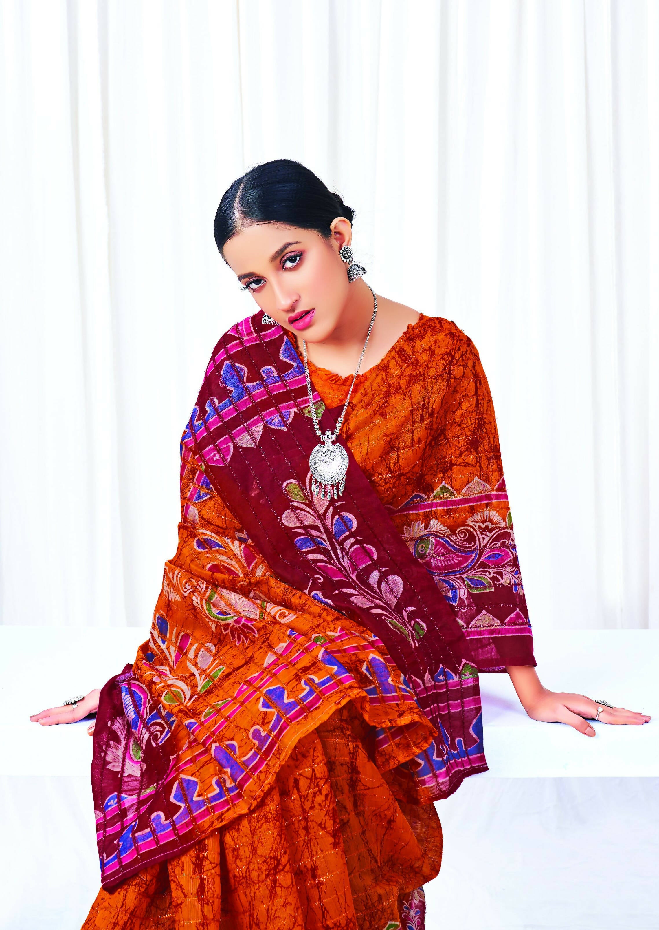 Orange Chanderi Cotton Floral Printed Saree With Unstitched Blouse Piece - Kathika - Distacart