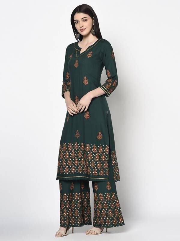 Aniyah Rayon Bottle Green Block Print Straight Kurta (AN-218K)