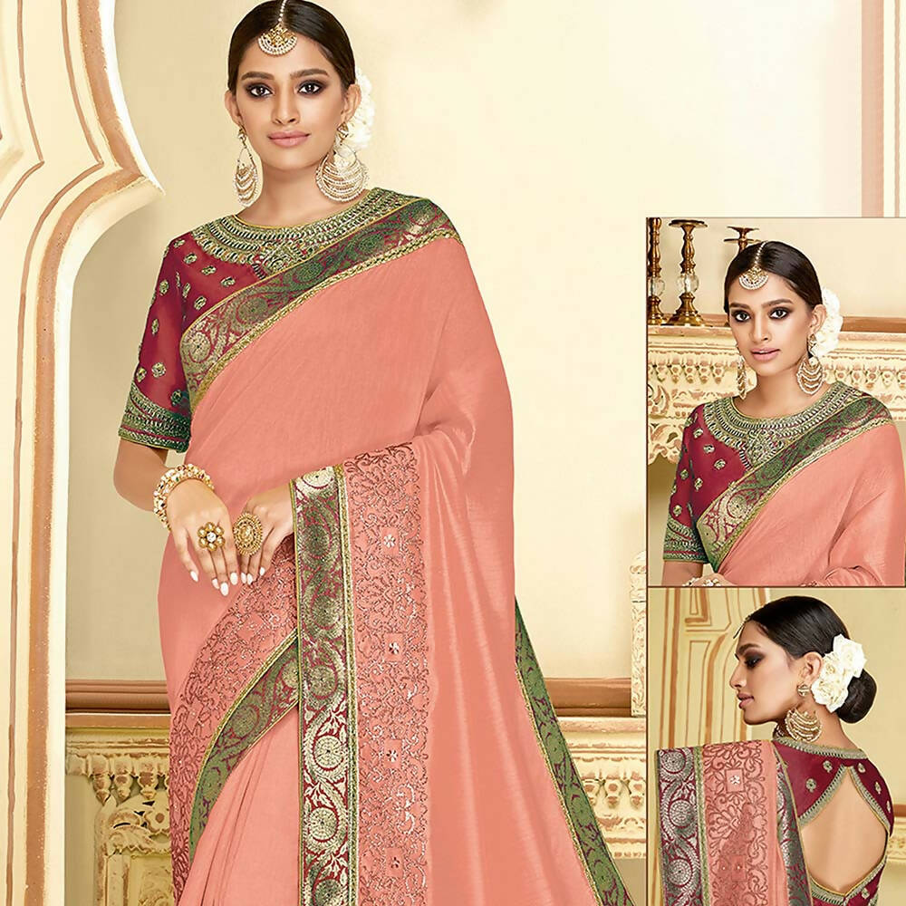 Dusty Peach Satin Silk Zari Embroidery, Laser Cut Borders, Tassels Saree - Norita Alankrita - Distacart
