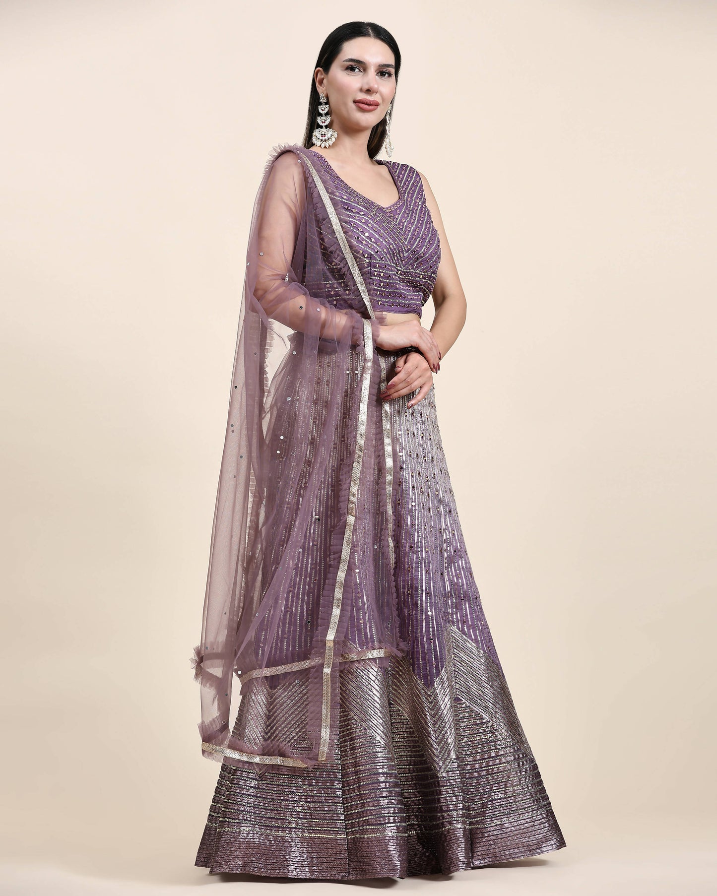 Lavender Organza Mirror With Coding Work Lehenga Choli with Dupatta - Tanya - Distacart