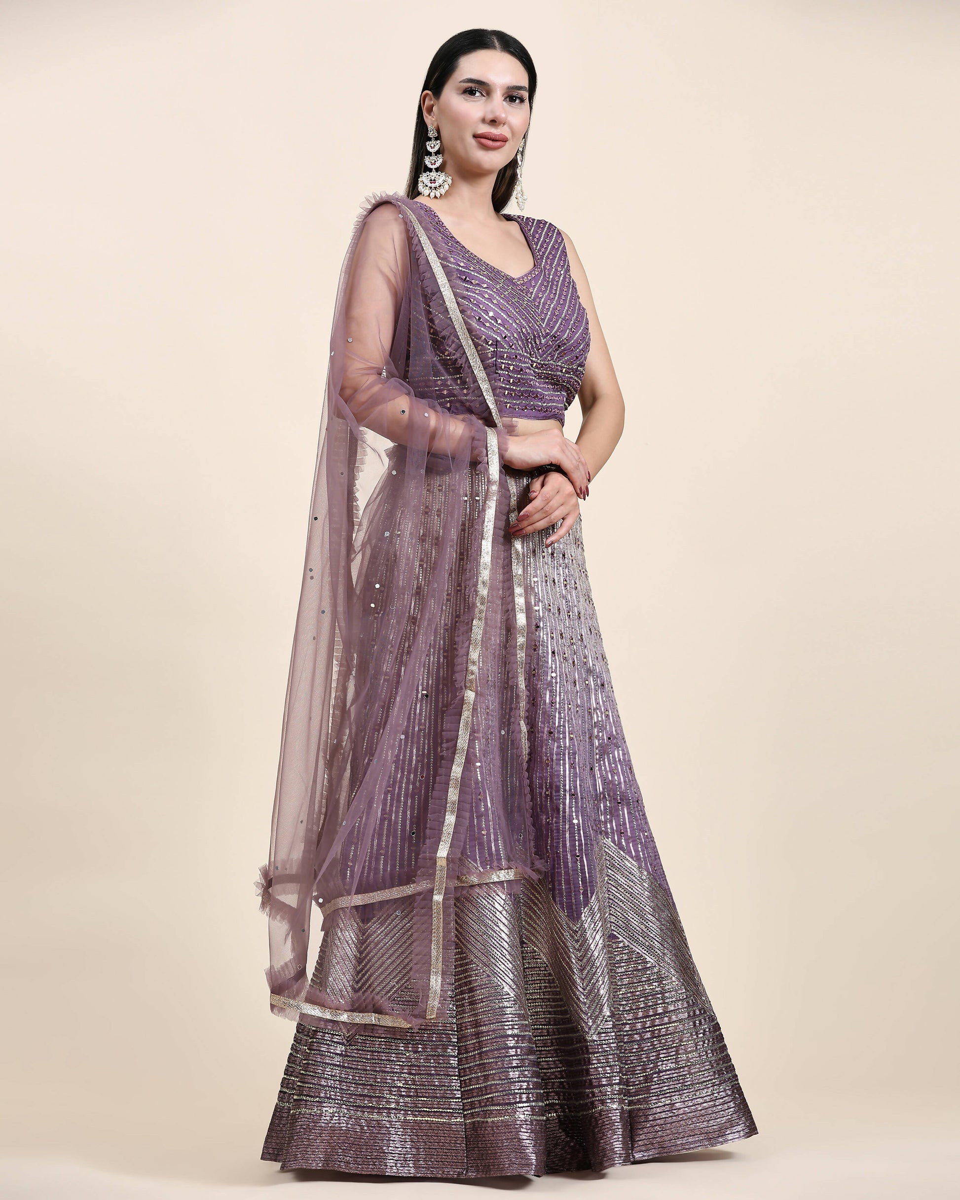 Lavender Organza Mirror With Coding Work Lehenga Choli with Dupatta - Tanya - Distacart