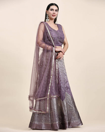 Lavender Organza Mirror With Coding Work Lehenga Choli with Dupatta - Tanya - Distacart