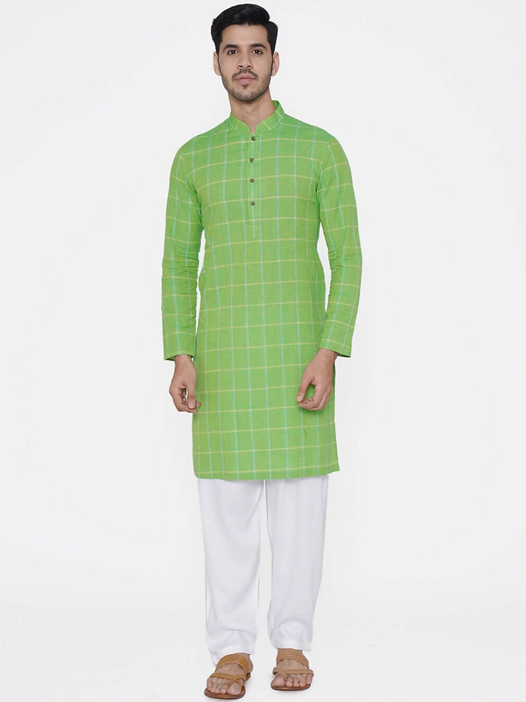 Manyavar Men Green Checked Straight Kurta - Distacart
