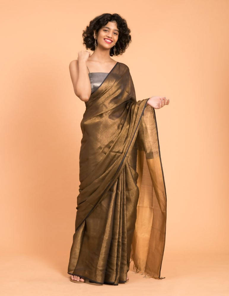 Suta Black Gold Woven Design Zari Pure Linen Saree - Distacart