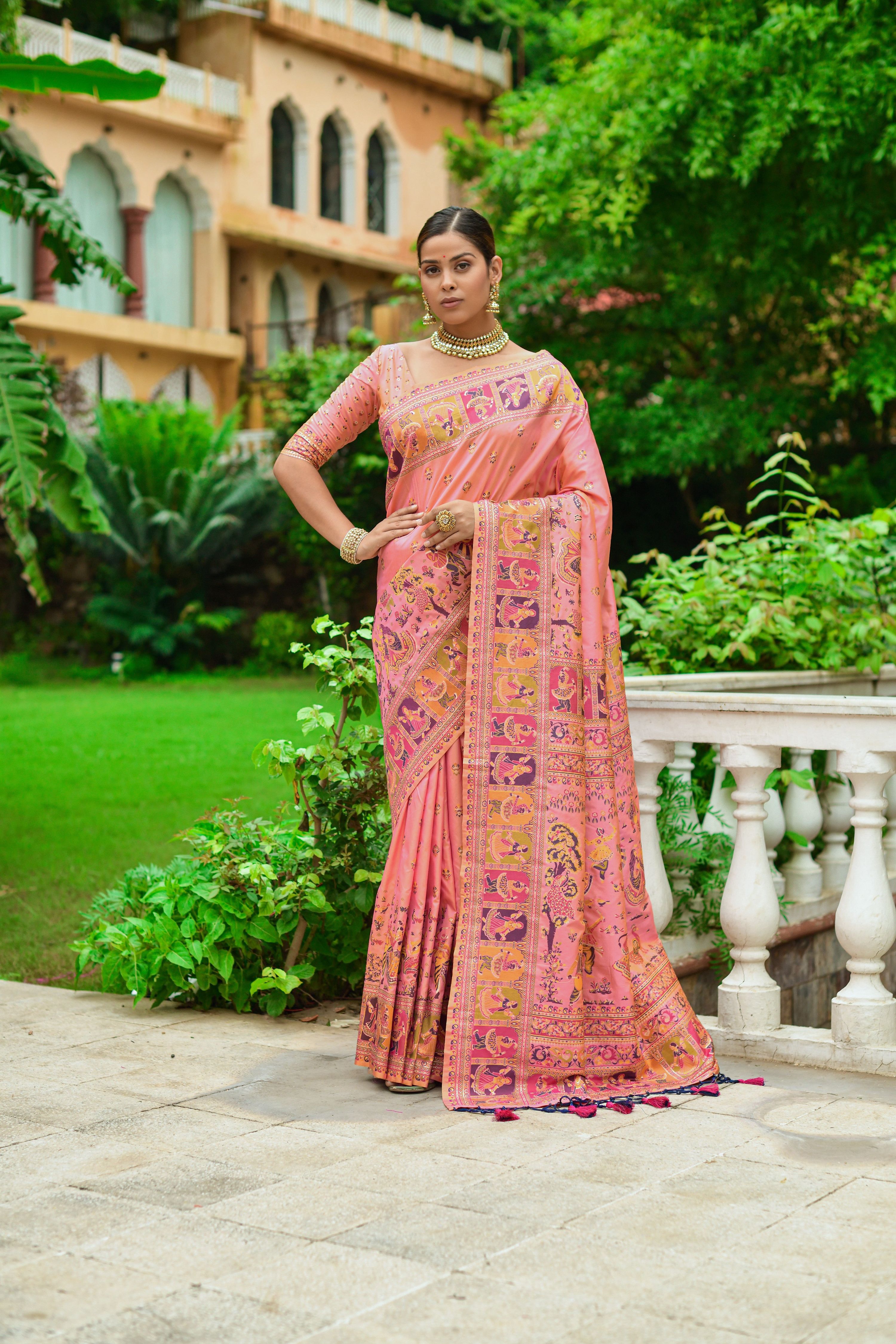 Vishnu Weaves Women's Peach Banarasi Silk Kashmiri Woven Saree with Blouse - Distacart