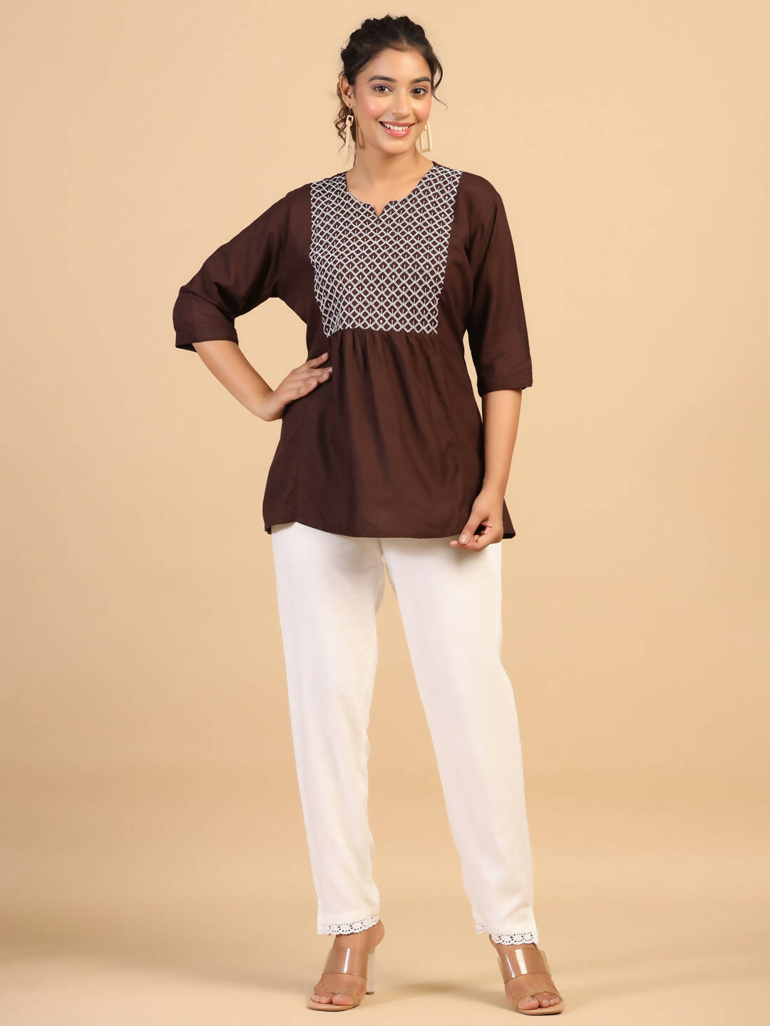 Womens Brown Rayon Yoke Embroidered Top - Keeva - Distacart