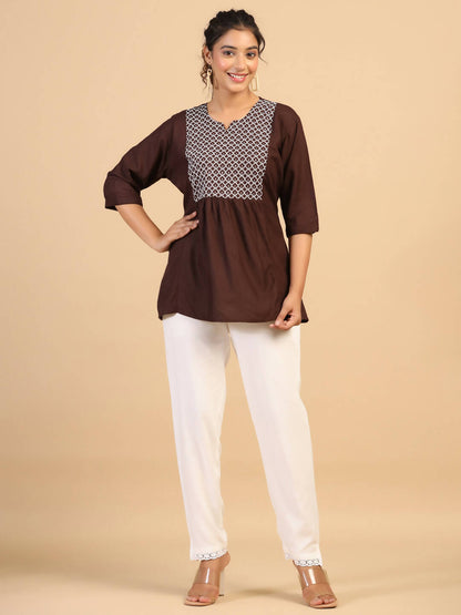 Womens Brown Rayon Yoke Embroidered Top - Keeva - Distacart