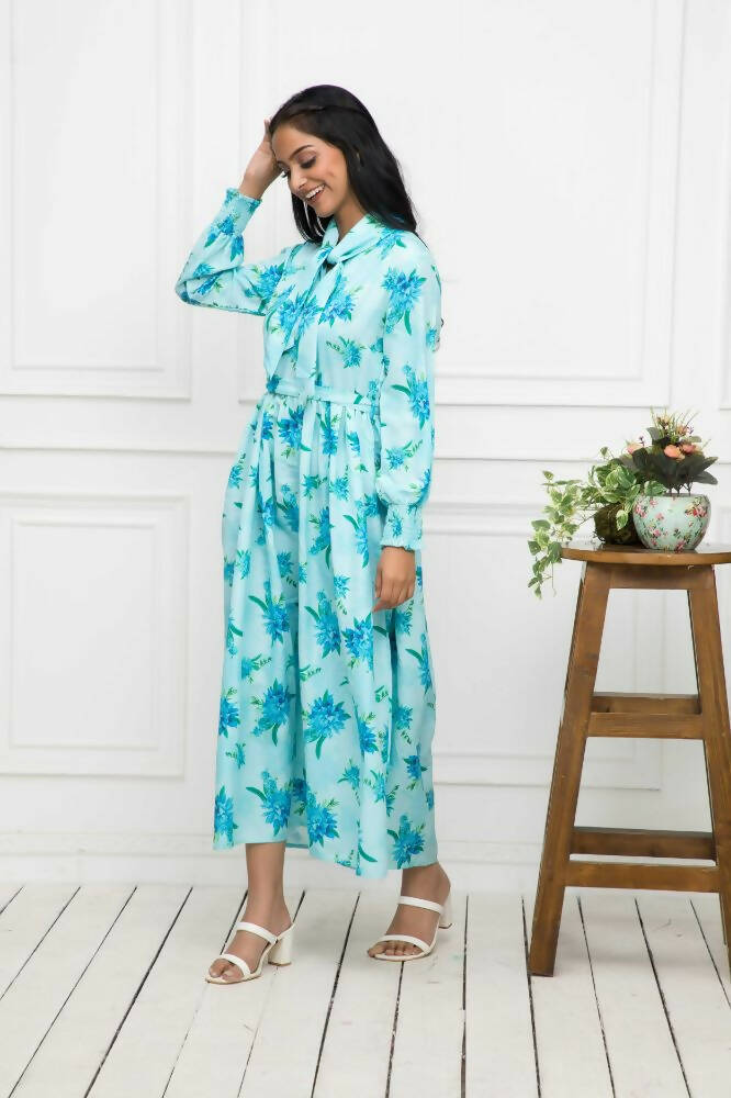 Myshka Women Blue Floral Rayon A-Line Shirt Collar Dress - Distacart