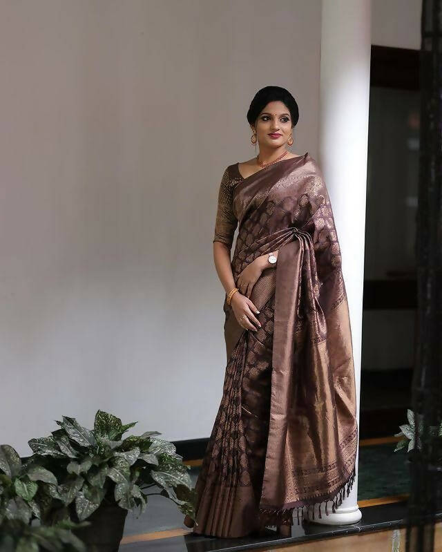 DEIANA'S Beautiful Golden Jari with New Design Soft Lichi Silk Saree - Brown - Distacart