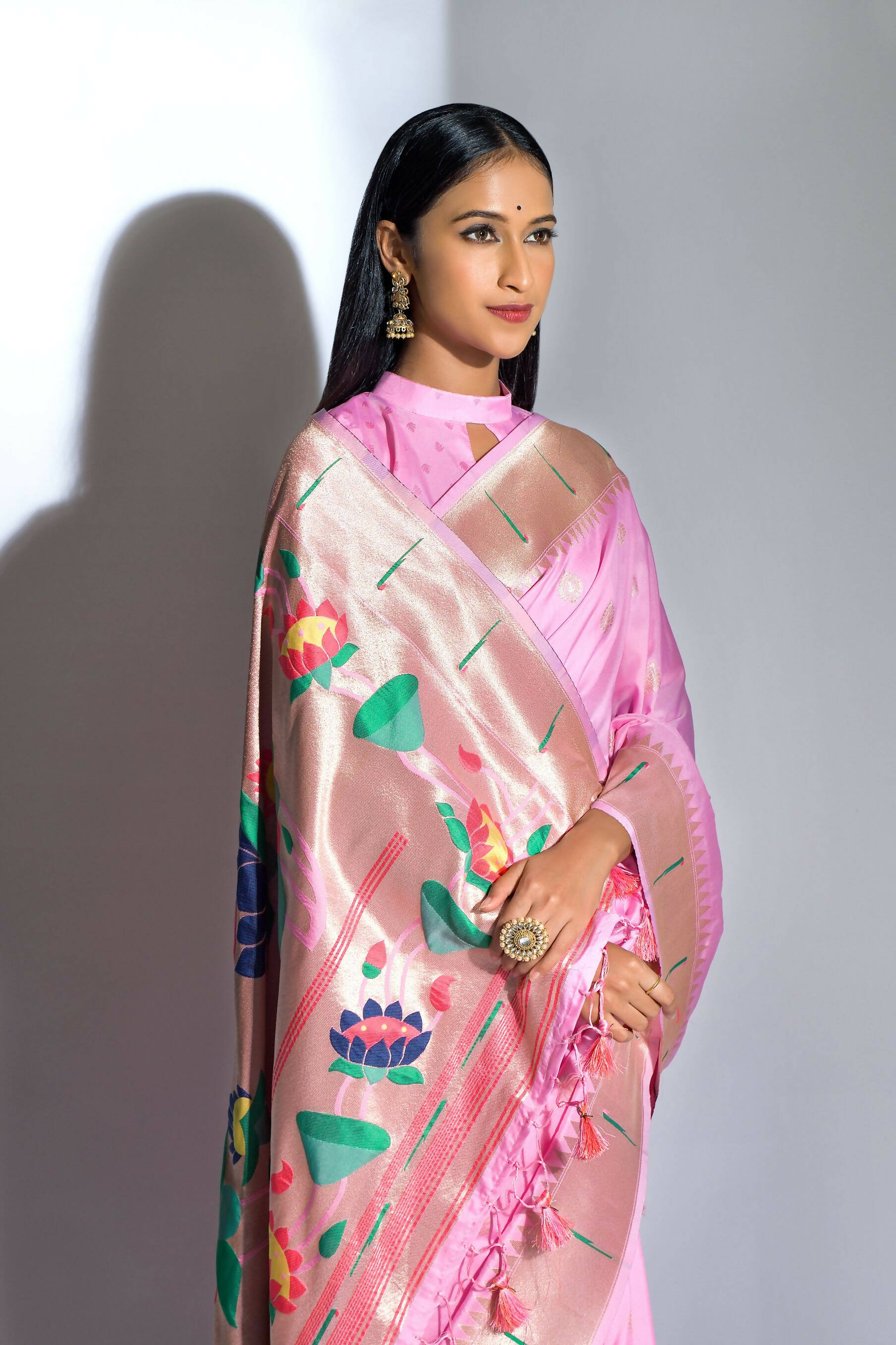 Vishnu Weaves Women's Baby Pink Paithani Silk Zari Woven Saree with Unstitched Blouse - Distacart