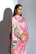 Thumbnail for Vishnu Weaves Women's Baby Pink Paithani Silk Zari Woven Saree with Unstitched Blouse - Distacart