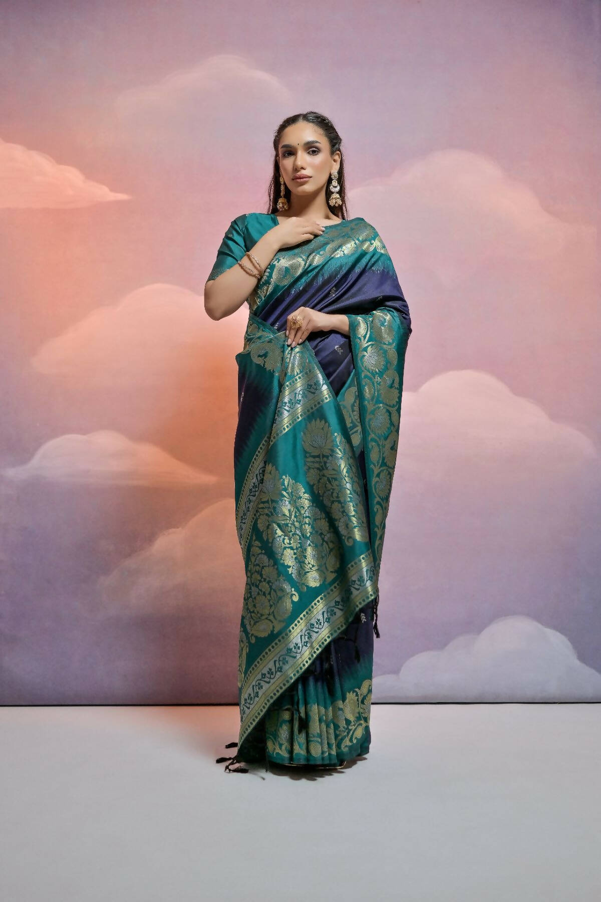 Vishnu Weaves Women's Navy-Blue Soft Silk Zari Woven Saree with Blouse - Distacart