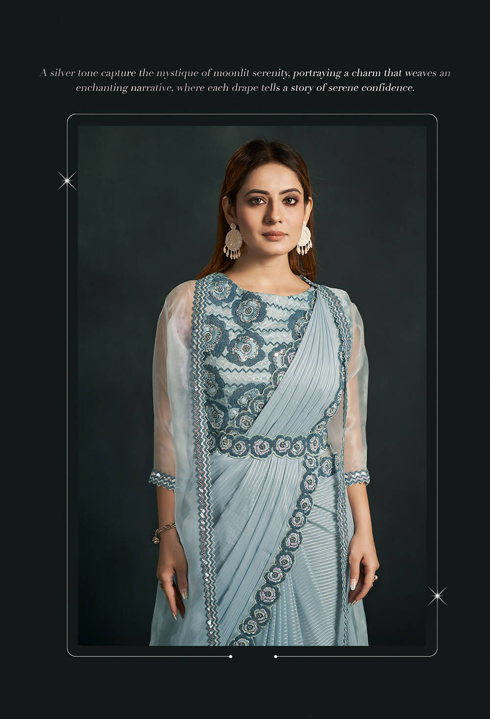 Light Blue Pattern Jari Georgette Cord Sequence & Thread Embroidered & Stone Work Saree - Moh-Manthan Royal Enigma - Distacart