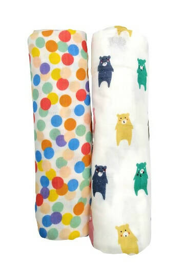 Kindermum Organic Cotton Muslin Swaddle Blanket 110 Cm X 110 Cm - Set Of 2 - Colorful Polka And Bear - Distacart