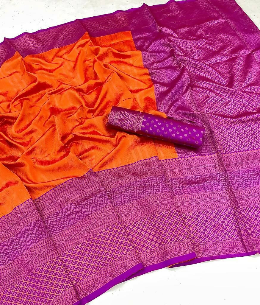 DEIANA'S Beautiful Golden Jari with New Design Soft Lichi Silk Saree - Orange - Distacart