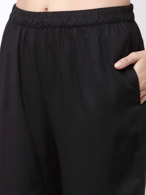 Myshka Black Cotton Half Sleeve V Neck Solid Casual Kurta Pant Dupatta Set
