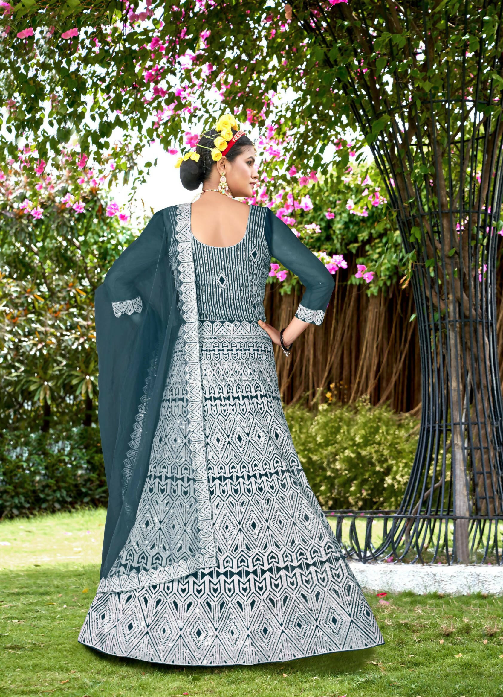 Teal Net Embroidered Semi Stitched Lehenga Choli with Dupatta - Bhagya - Distacart