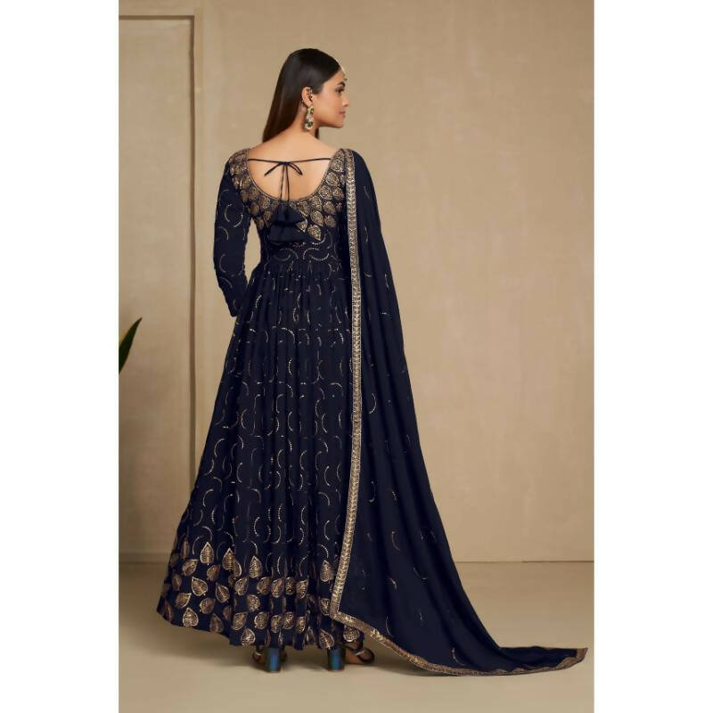Aastha Fashion Women's Navy Blue Faux Georgette Zari & Sequins Embroidery Gown with Dupatta - Distacart